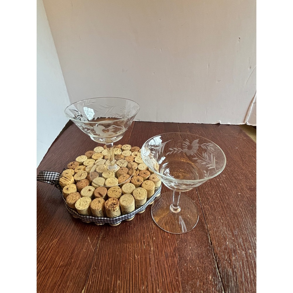 Vintage Etched Floral Coupe Glass Pair Champagne Martini Stemware Set of 2 Clear